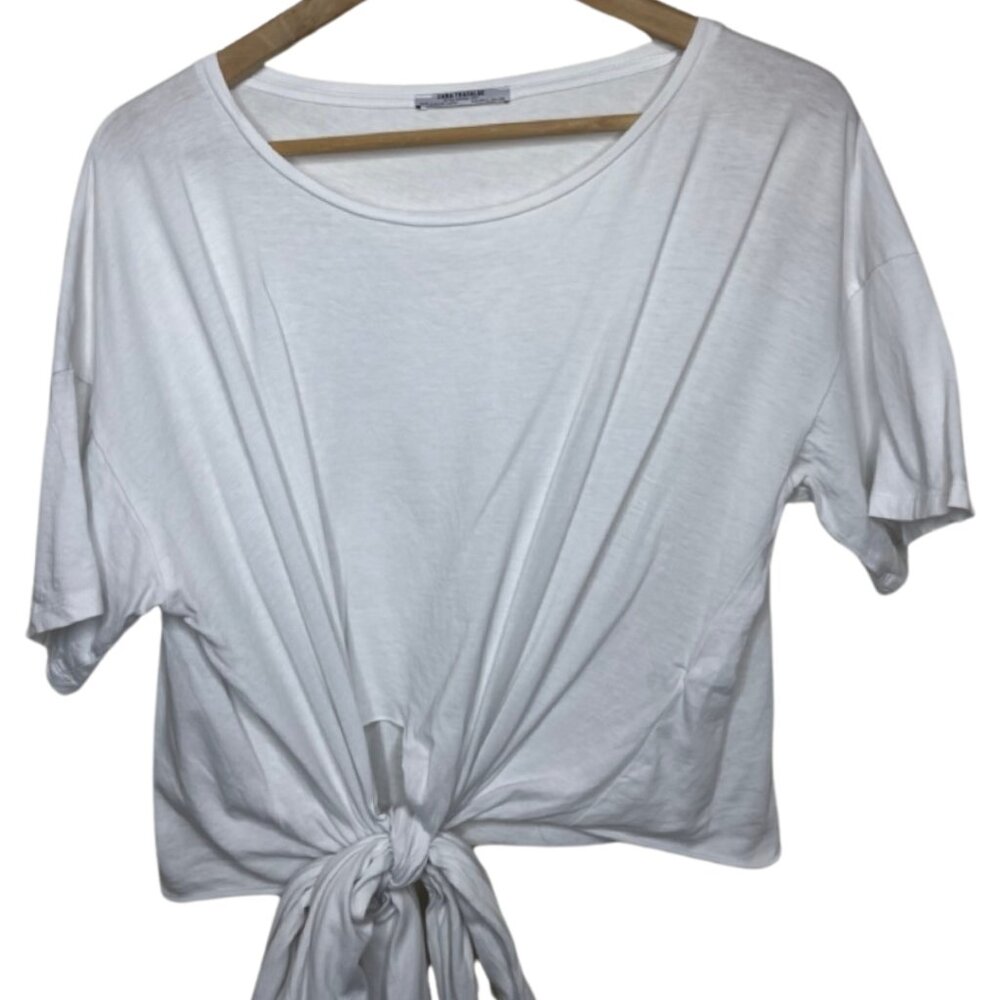 ZARA | White Short Sleeve Cropped Tie Front Top | Size L - Picture 2 of 10